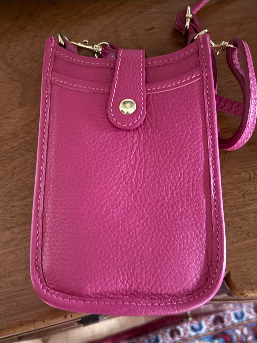 Genuine Leather Pink Magenta Crossbody Phone Pouch Snap Closure Made In Italy